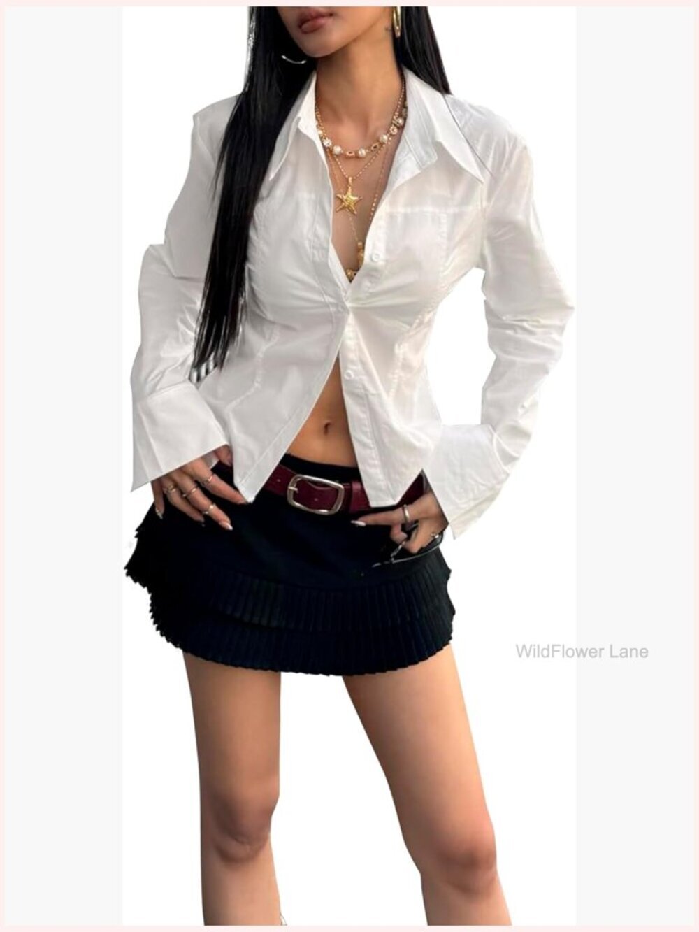 Button Down Shirt Ruched Waist Lapel Collar Long Sleeve Top Blouse